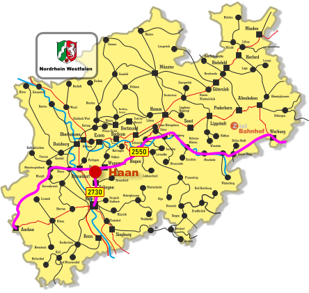 Unna-Königsborn Letmathe Iserlohn Castrop- Rauxel Unna Himmighausen Rheydt Remscheid Bergisch Gladbach Bocholt Borken Dorsten Wesel Xanten Mönchengladbach Kleve Viersen Emmerich Münster Warburg Altenbeken Paderborn Lippstadt Soest Siegburg Aachen Haan Ratingen Bonn Minden Herford Bielefeld Gütersloh Hamm Dortmund Duisburg Essen Mülheim Oberhausen Bochum Hagen Wuppertal Solingen Düsseldorf Köln Gronau Lünen Bottrop Gladbeck West Herne Reckling- hausen Kaldenkirchen Neuss Krefeld Grevenbroich Horrem Düren Kall Hellenthal Heimbach Linnich Euskirchen Bad Münstereifel Au Marienheide Lüdenscheid Fröndenberg Rüthen Warstein Lippborg- Heintrop Neubeckum Ennigerloh Neuenrade Sundern Neheim- Hüsten Finnentrop Olpe Schwerte Wanne-Eickel Meschede Winterberg Brilon Stadt Brilon Wald Siegen Kreuztal Waldbröhl Osberghausen Betzdorf Daaden Erndtbrück Troisdorf Bad Berleburg Ottbergen Dülmen Coesfeld Löhne Lage Lemgo Brackwede Rheda- Wiedenbrück Bad Rothenfelde Bünde Lengerich Rheine Rahden Hattingen Velbert Rösrath 2550 2730 Nordrhein Westfalen Haan