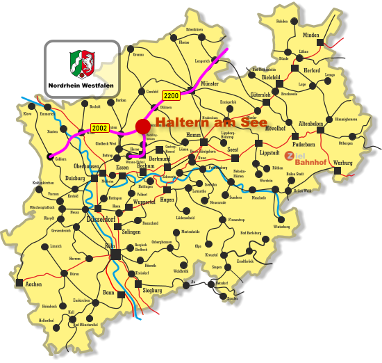 Unna-Königsborn Letmathe Iserlohn Castrop- Rauxel Unna Himmighausen Rheydt Remscheid Bergisch Gladbach Bocholt Borken Dorsten Wesel Xanten Mönchengladbach Kleve Viersen Emmerich Münster Warburg Altenbeken Paderborn Lippstadt Soest Siegburg Aachen Haan Ratingen Bonn Minden Herford Bielefeld Gütersloh Hamm Dortmund Duisburg Essen Mülheim Oberhausen Bochum Hagen Wuppertal Solingen Düsseldorf Köln Gronau Lünen Bottrop Gladbeck West Herne Reckling- hausen Kaldenkirchen Neuss Krefeld Grevenbroich Horrem Düren Kall Hellenthal Heimbach Linnich Euskirchen Bad Münstereifel Au Marienheide Lüdenscheid Fröndenberg Rüthen Warstein Ibbenbüren Lippborg- Heintrop Neubeckum Ennigerloh Neuenrade Sundern Neheim- Hüsten Finnentrop Olpe Schwerte Hövelhof Wanne-Eickel Meschede Winterberg Brilon Stadt Brilon Wald Siegen Kreuztal Waldbröhl Osberghausen Betzdorf Daaden Erndtbrück Troisdorf Bad Berleburg Geldern Ottbergen Dülmen Coesfeld Löhne Lage Lemgo Brackwede Rheda- Wiedenbrück Bad Rothenfelde Bünde Lengerich Rheine Rahden Hattingen Velbert Haltern am See Rösrath 2002 2200 Nordrhein Westfalen Haltern am See