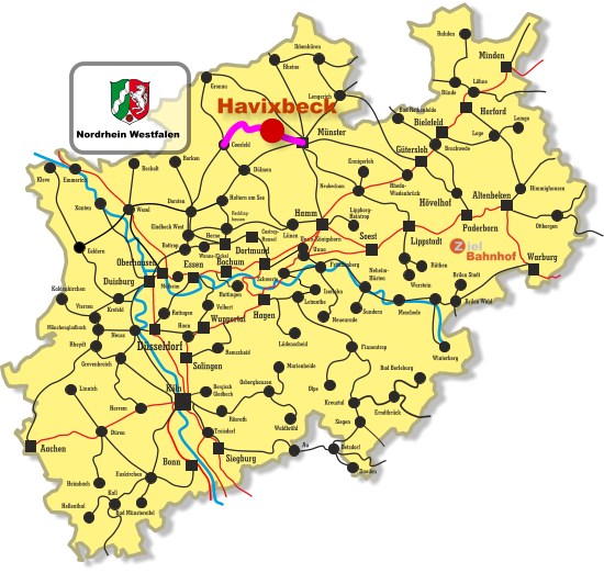 Unna-Königsborn Letmathe Iserlohn Castrop- Rauxel Unna Himmighausen Rheydt Remscheid Bergisch Gladbach Bocholt Borken Dorsten Wesel Xanten Mönchengladbach Kleve Viersen Emmerich Münster Warburg Altenbeken Paderborn Lippstadt Soest Siegburg Aachen Haan Ratingen Bonn Minden Herford Bielefeld Gütersloh Hamm Dortmund Duisburg Essen Mülheim Oberhausen Bochum Hagen Wuppertal Solingen Düsseldorf Köln Gronau Lünen Bottrop Gladbeck West Herne Reckling- hausen Kaldenkirchen Neuss Krefeld Grevenbroich Horrem Düren Kall Hellenthal Heimbach Linnich Euskirchen Bad Münstereifel Au Marienheide Lüdenscheid Fröndenberg Rüthen Warstein Ibbenbüren Lippborg- Heintrop Neubeckum Ennigerloh Neuenrade Sundern Neheim- Hüsten Finnentrop Olpe Schwerte Hövelhof Wanne-Eickel Meschede Winterberg Brilon Stadt Brilon Wald Siegen Kreuztal Waldbröhl Osberghausen Betzdorf Daaden Erndtbrück Troisdorf Bad Berleburg Geldern Ottbergen Dülmen Coesfeld Löhne Lage Lemgo Brackwede Rheda- Wiedenbrück Bad Rothenfelde Bünde Lengerich Rheine Rahden Hattingen Velbert Haltern am See Rösrath Nordrhein Westfalen Havixbeck